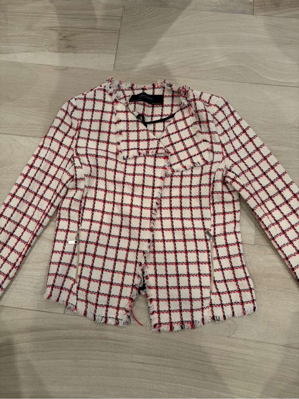 Zara Women’s Ivory and Red Windowpane Tweed Jacket